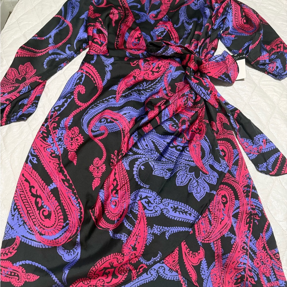 Tahari Black, Red, and Blue Paisley Wrap Dress
